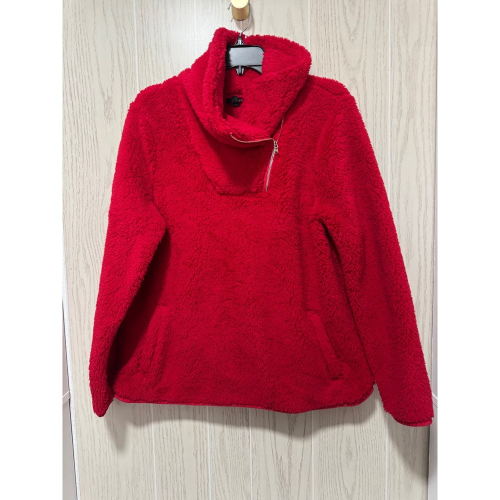 Talbots Women Red Ultra Plush Sherpa Fleece Shawl Zip Pullover Sweater Large NEW
